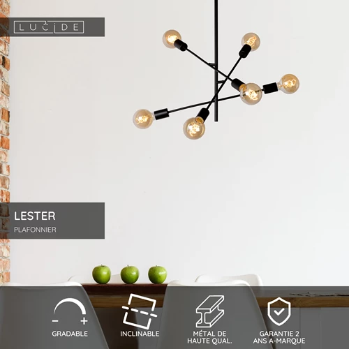 Lucide LESTER - Plafonnier - 6xE27 - Noir - USP